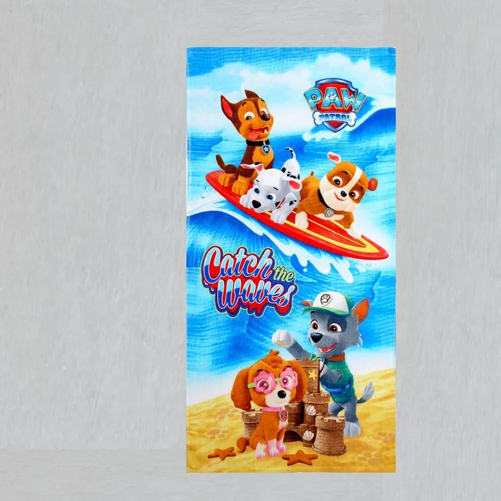 Paw Patrol Catch The Waves Beach Towel measures 28 x 58 inches